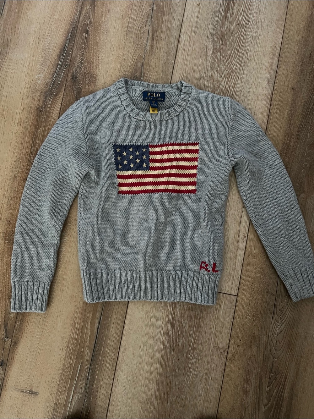 Polo by Ralph Lauren Light Gray Crewneck Sweater with American Flag Motif